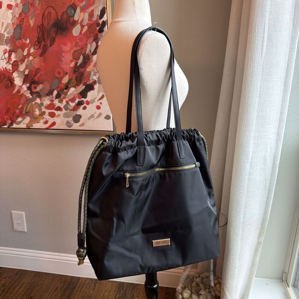 Versace fragrances Black Nylon Drawstring Tote Bag Gold Detail Outer  Zipper
